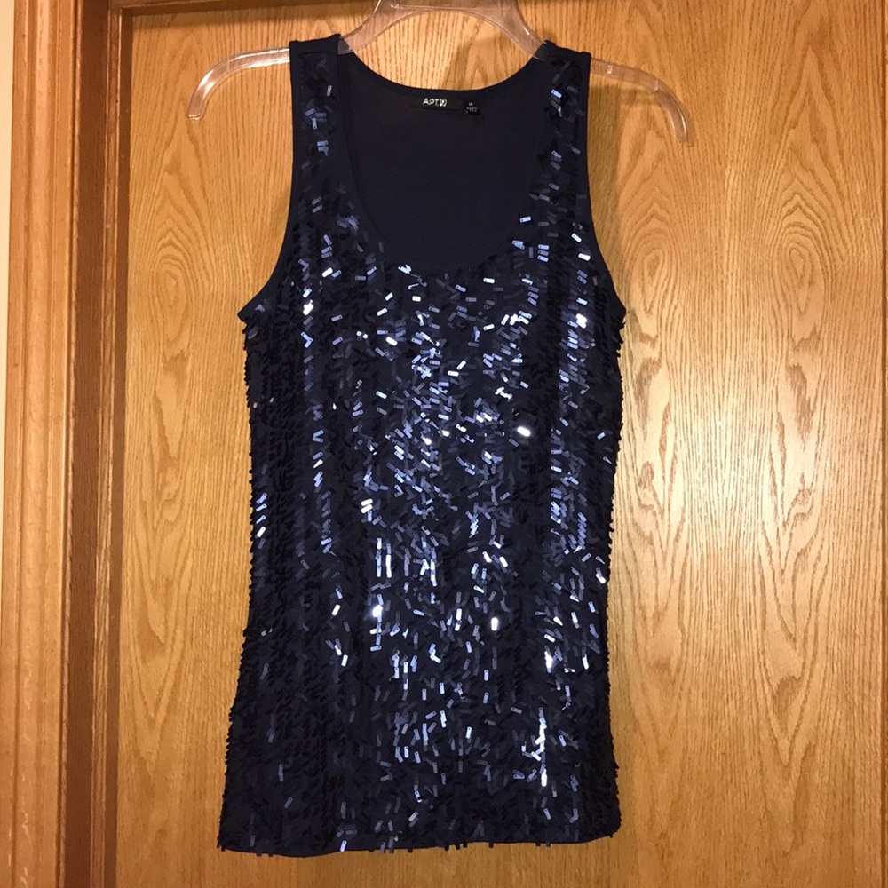 Apt. 9 Navy blue sparkly shimmery sequin front sexy evening date night tank EUC